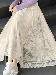 Lace Baroque Print Maxi Skirt - Solid Pleated Women's Clothing