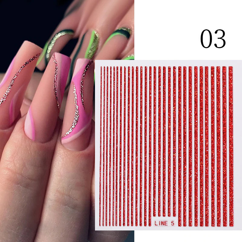 3D Lines Nail Stickers Holographic Silvery Rose Metal Stripe Letters Decals