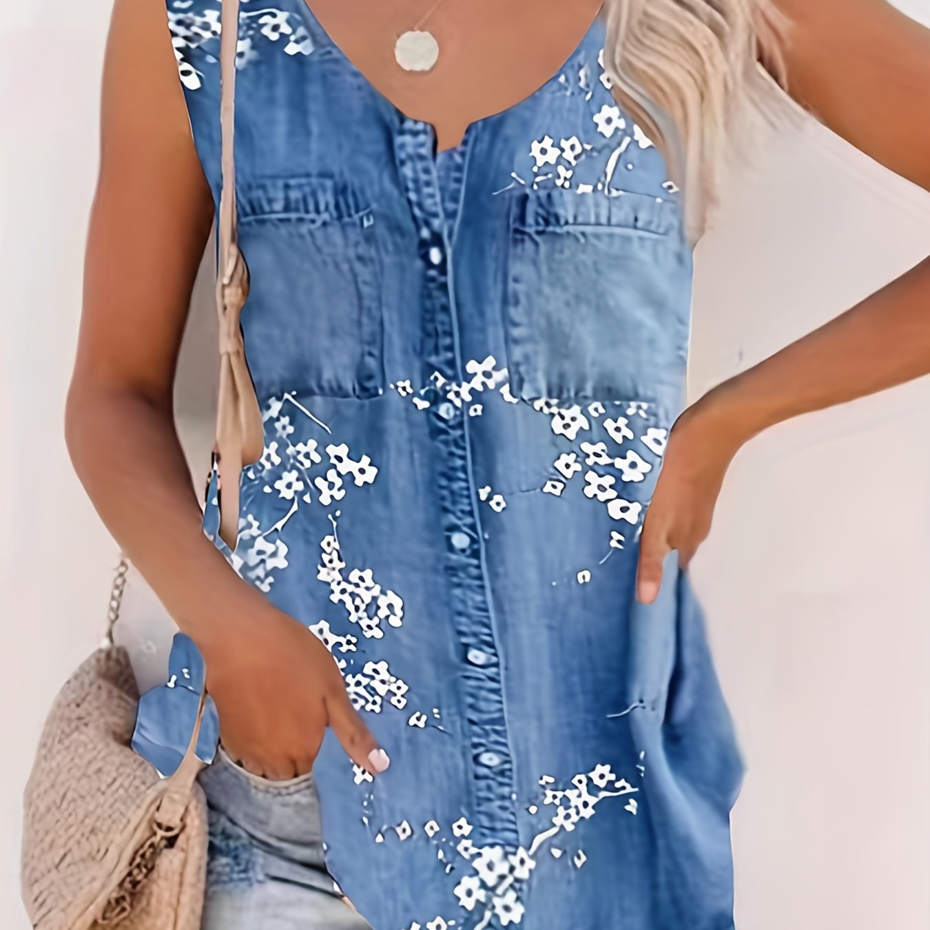 Flower Print Pocket Tank Top Sleeveless Button