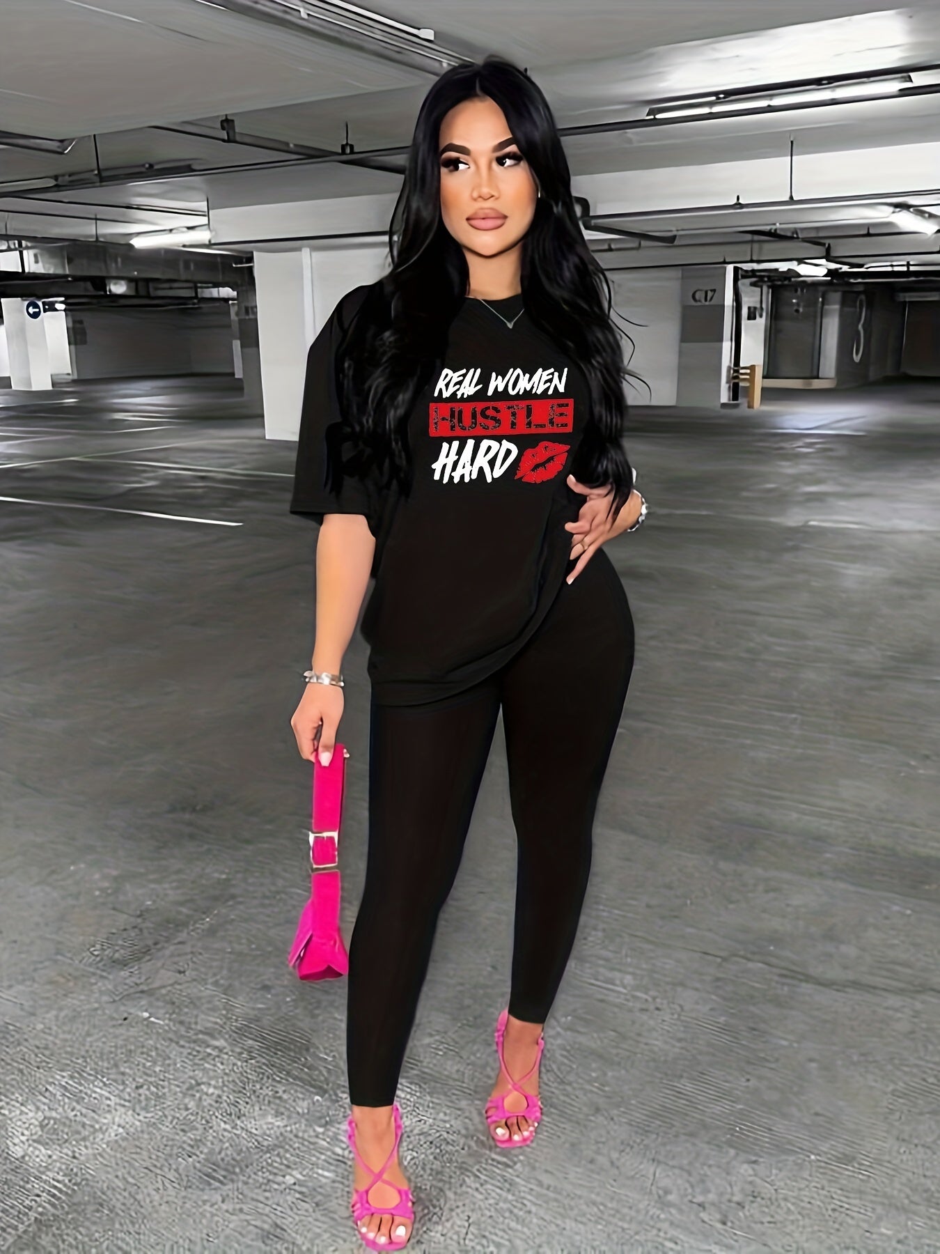 Lip & Letter Print Two piece Set Crew Neck Short Sleeve Top & Slim Pants