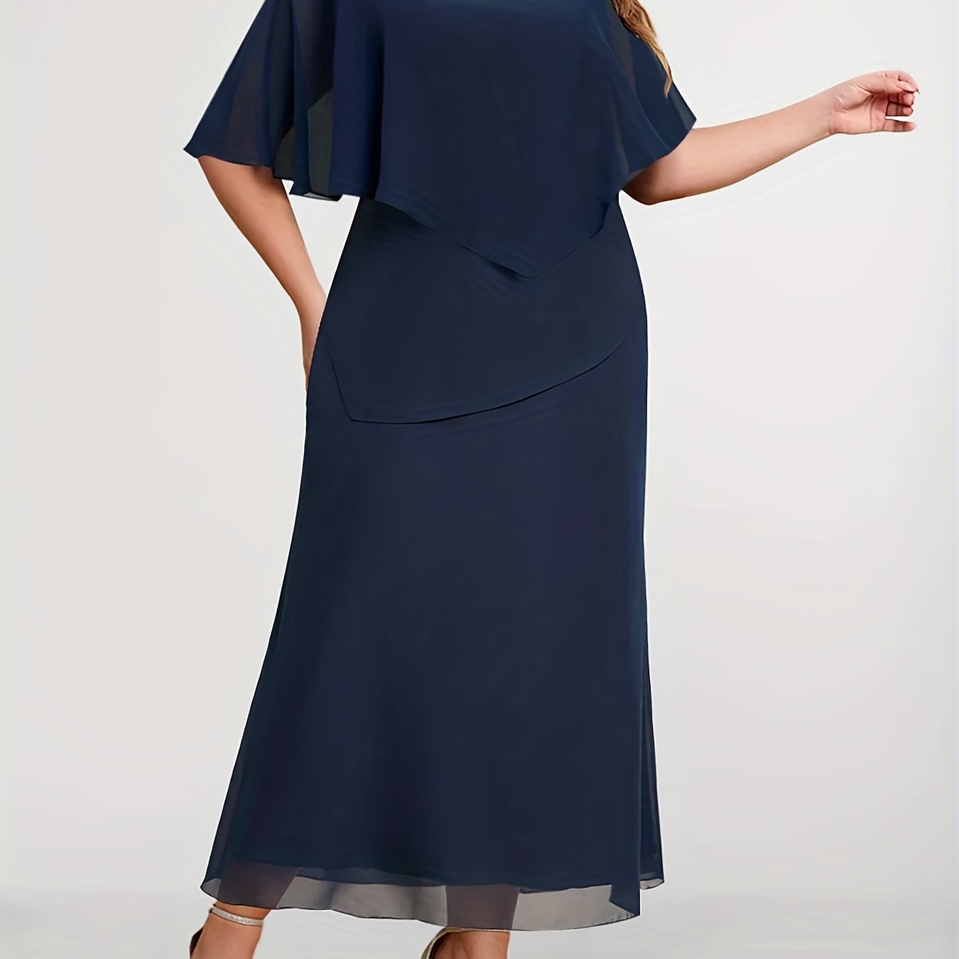 Solid Layered Cloak Round Neck Maxi Dress
