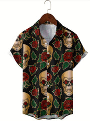 Men's Rose & Skull Print Hawaiian Shirt