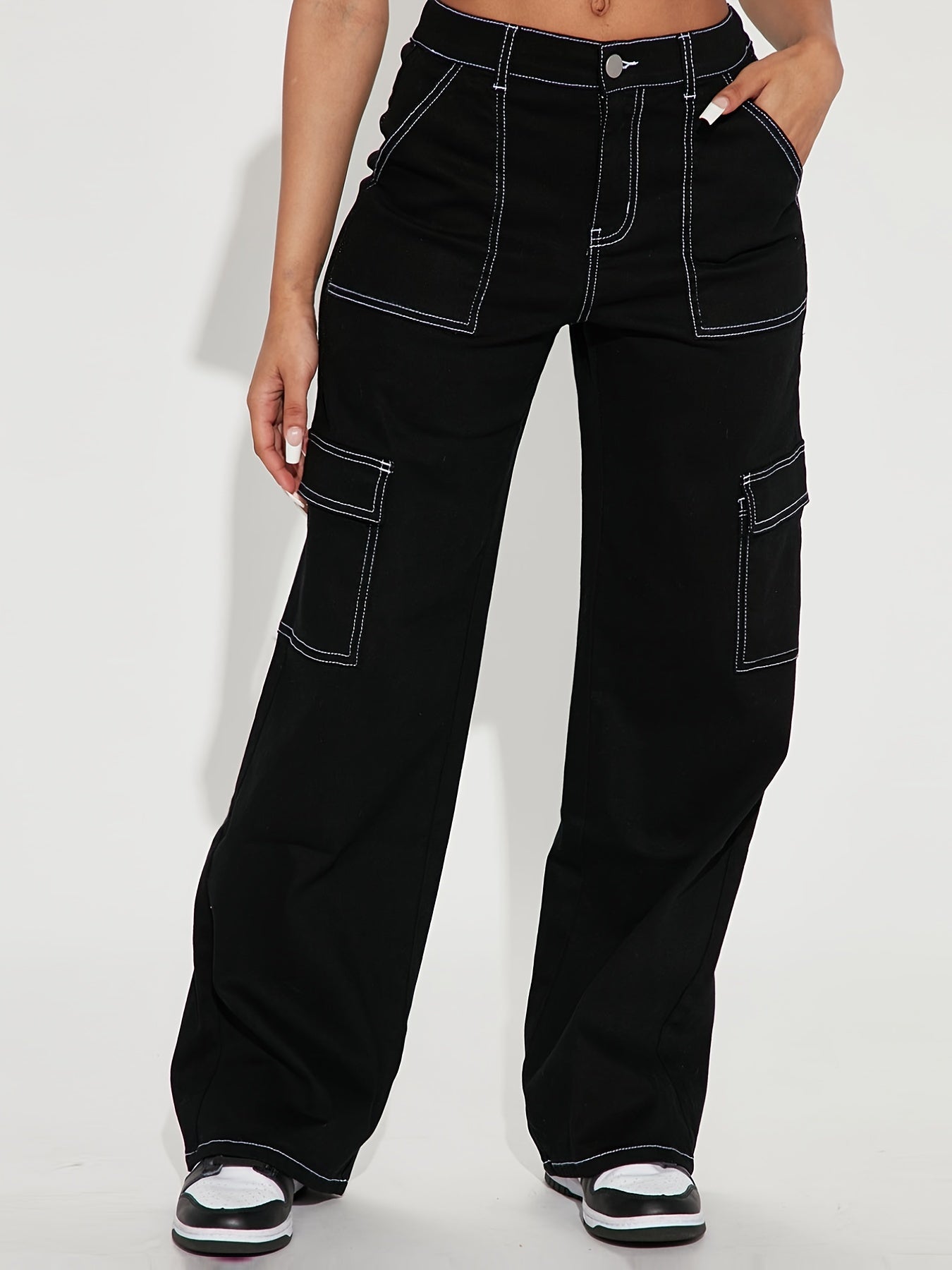 Loose Denim Cargo Pants Solid Zipper Button Closure Jeans
