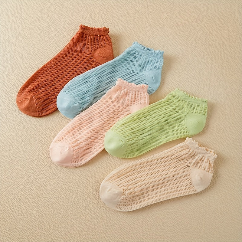 5 Pairs Striped Mesh Short Socks Comfort & Breathable Ankle Socks