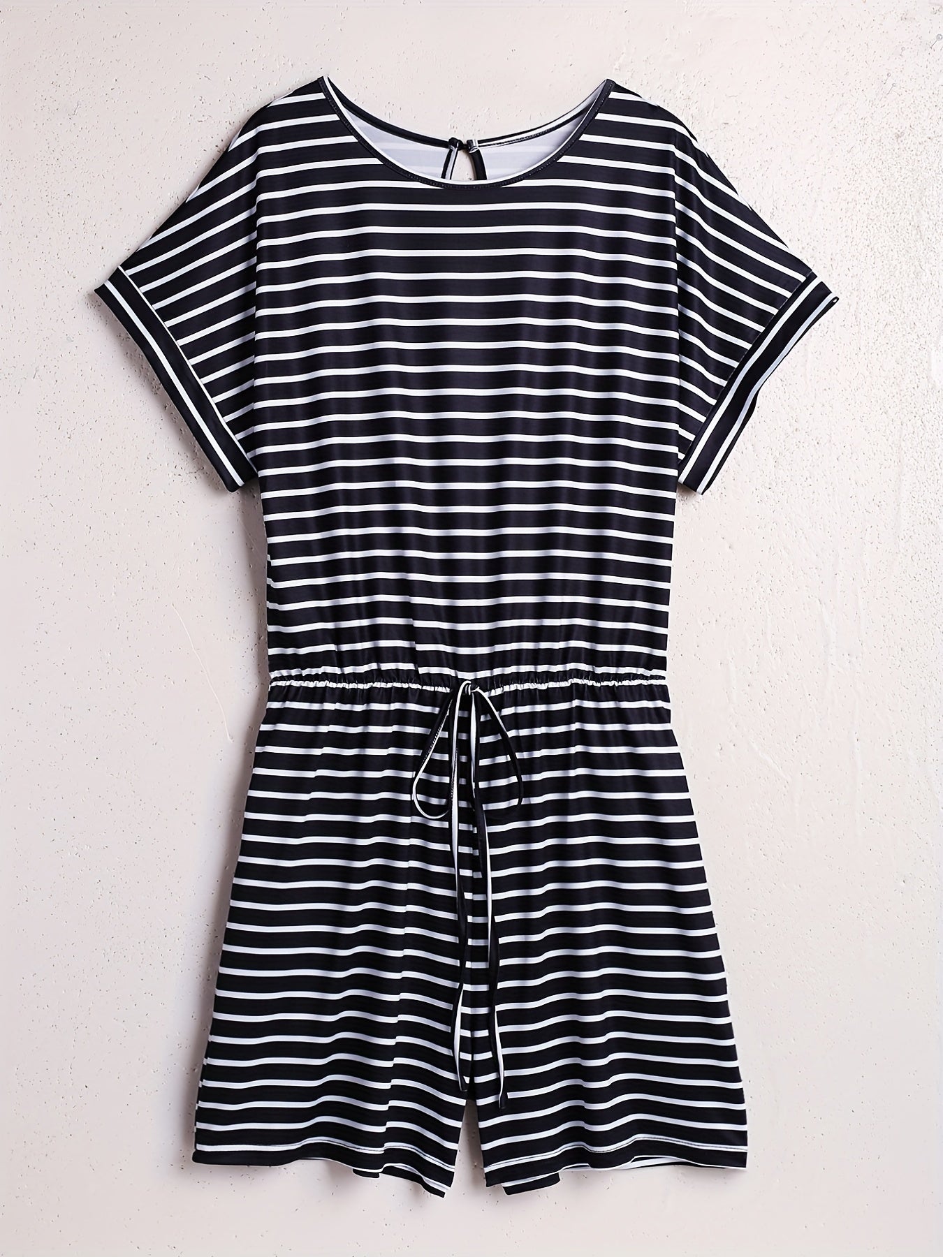 Striped Waist Romper Jumpsuit Short Sleeve Casual Wear
