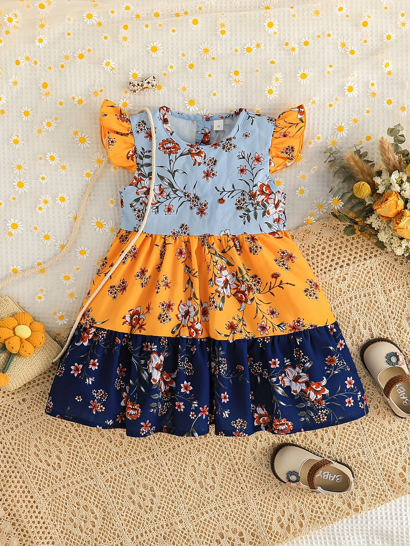 Baby Girls Casual Floral Graphic Print Fly Sleeve Dress Clothes
