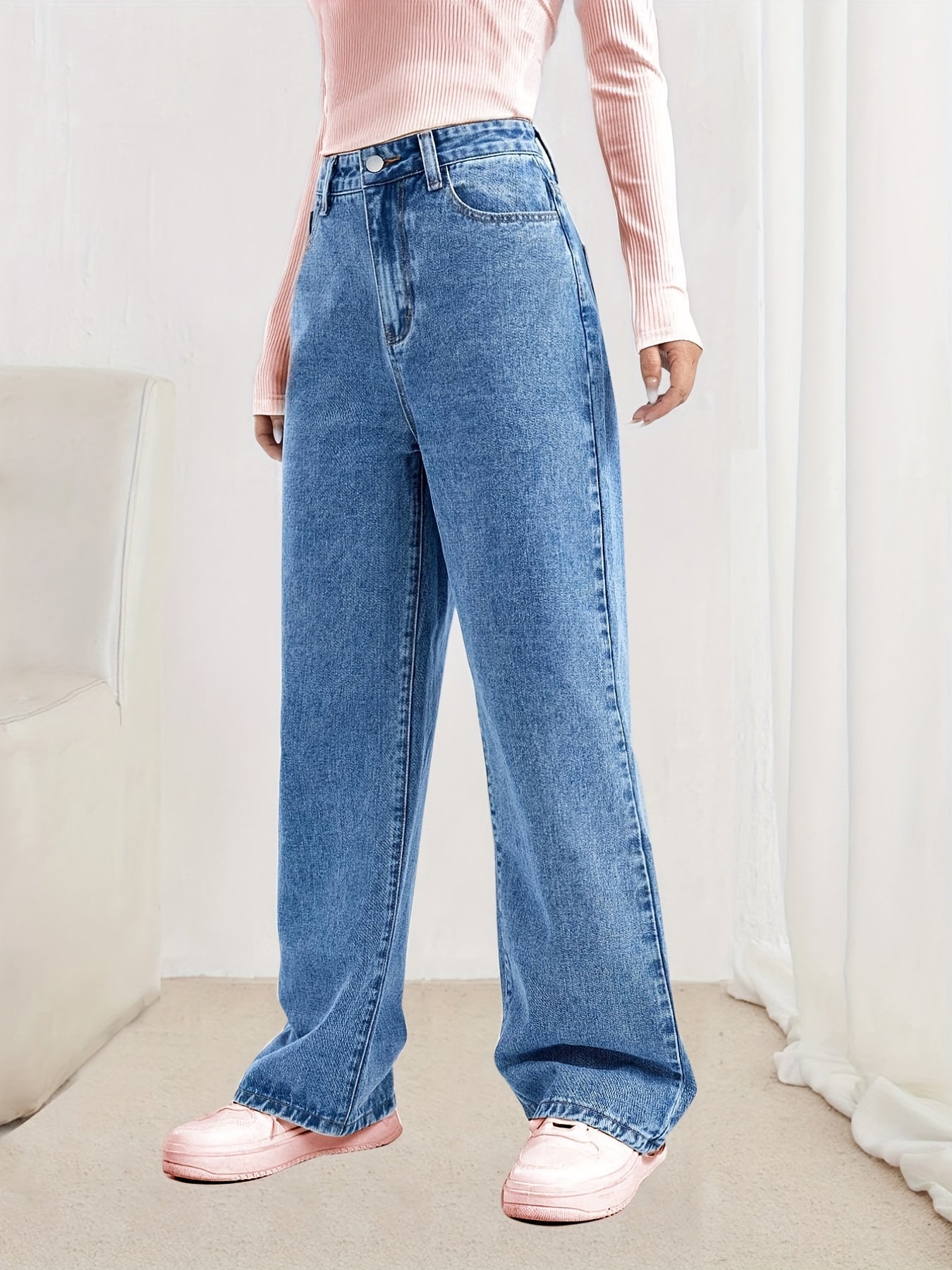 Loose Fit Straight Jeans Non Stretch Slash Pockets Baggy Denim Pants