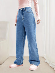 Loose Fit Straight Jeans Non Stretch Slash Pockets Baggy Denim Pants