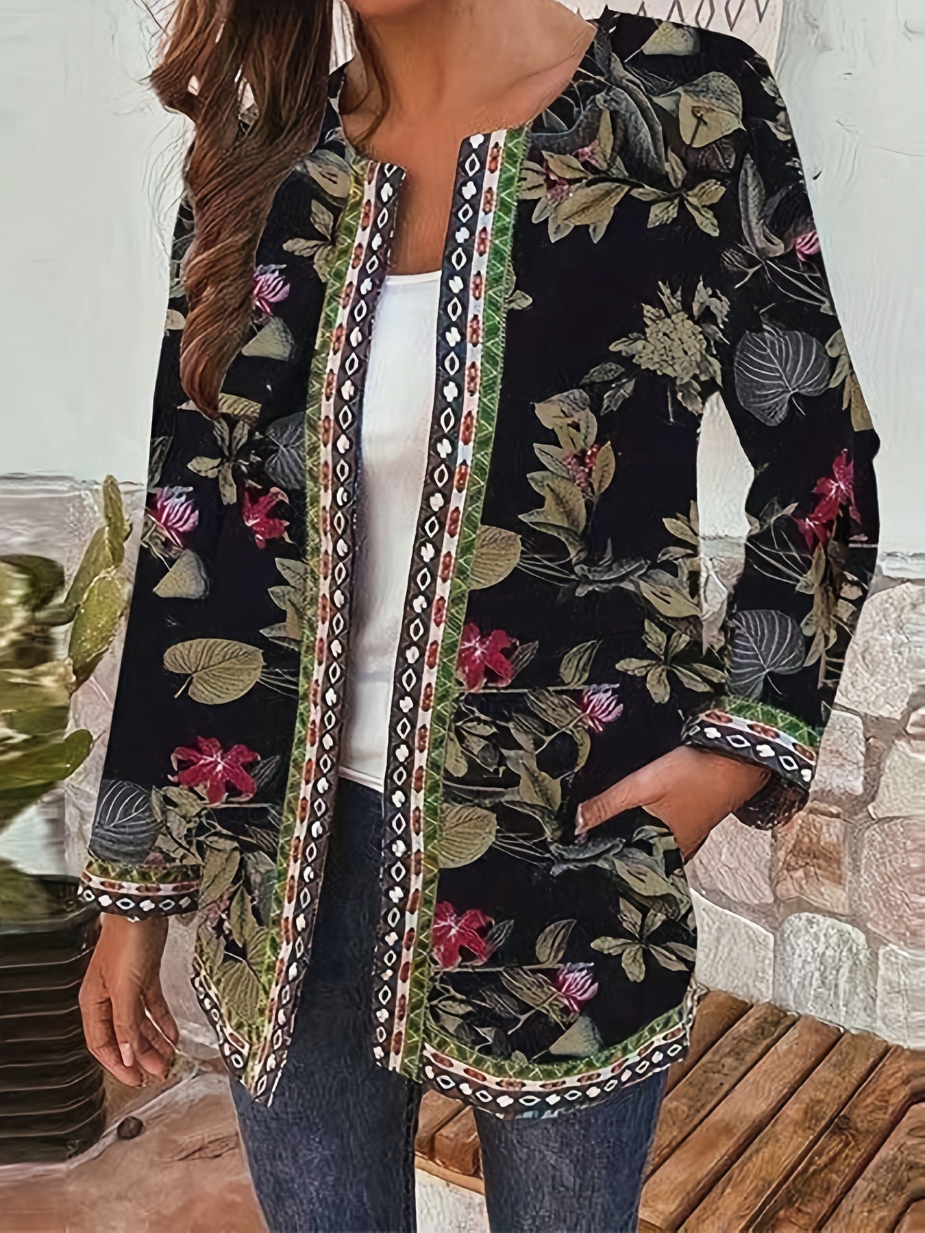 Floral Print Open Front Jacket Long Sleeve Casual Jacket for Fall & Winter