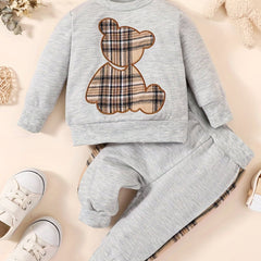 Toddler Baby Boy Bear Embroidered Pullover & Plaid Trousers Set