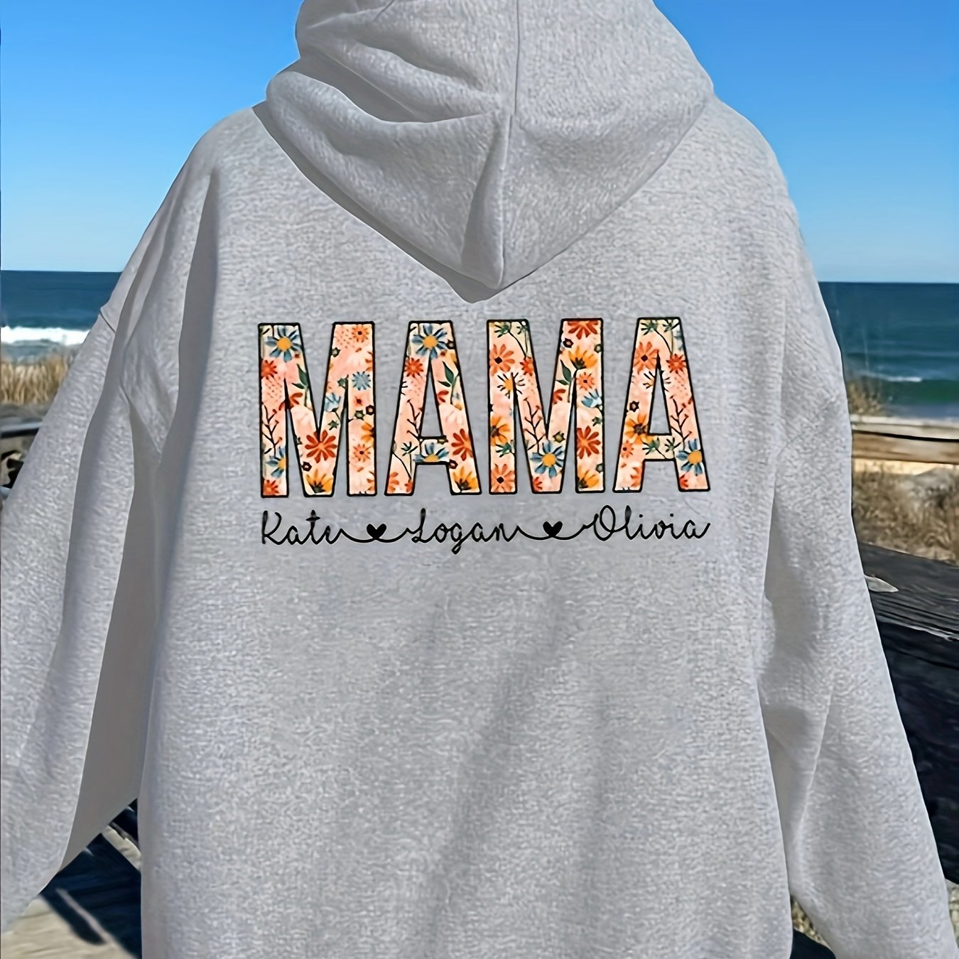 Flower & Letter Graphic Drawstring Sweatshirt