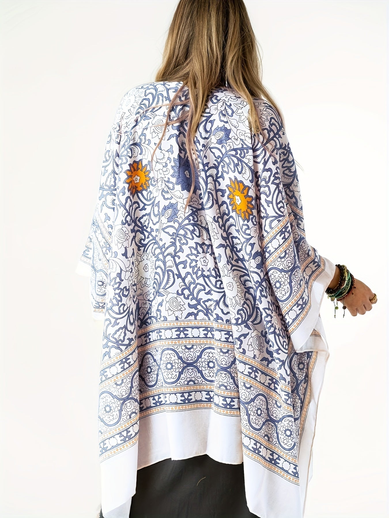 Floral Print Bat Sleeve Tassel Cover Up Cardigan
