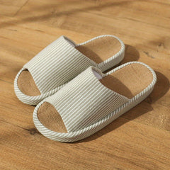 Women's Striped Flat Slippers Linen Open Toe Soft Home Shoes