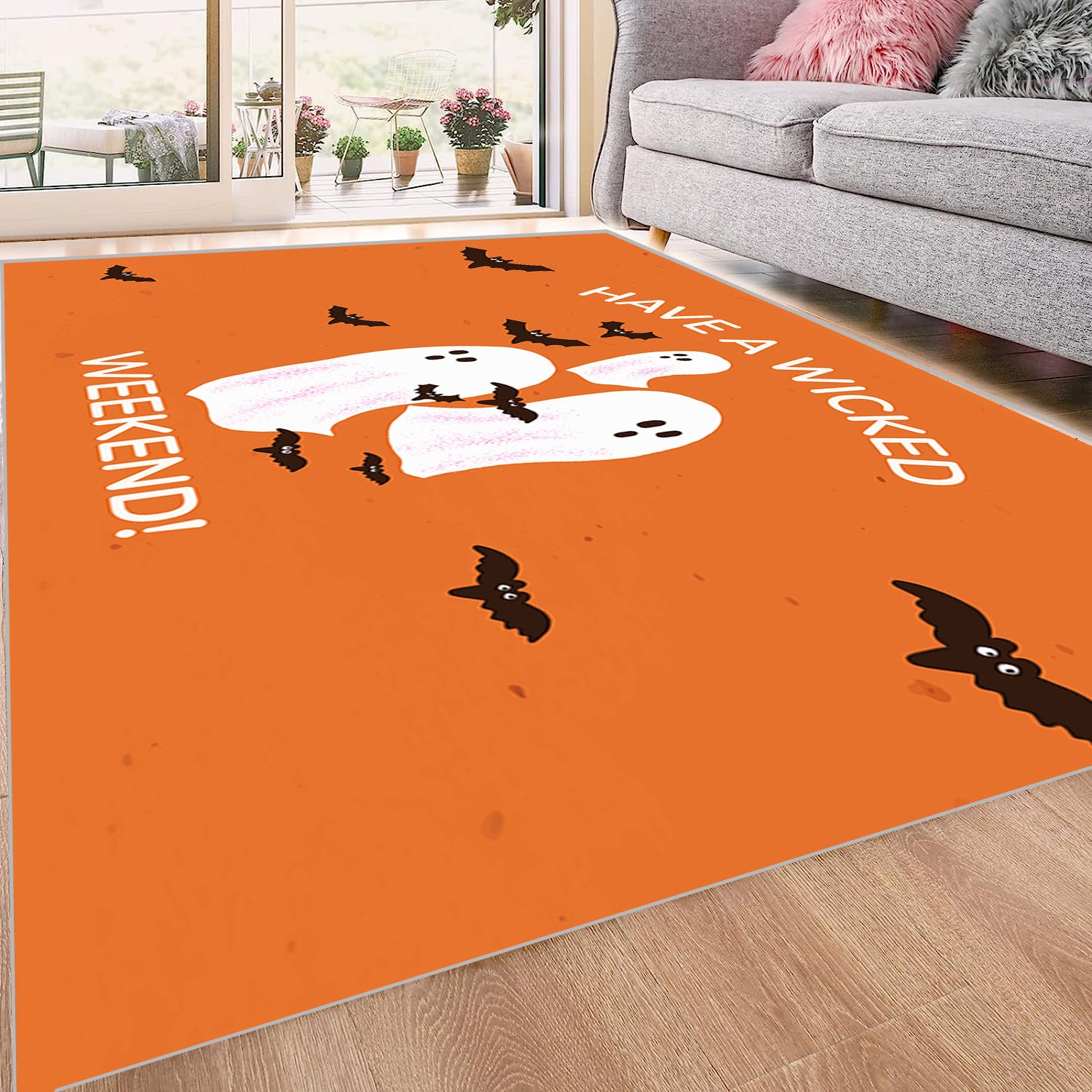 Orange Bat Ghost Pattern Carpet - Spooky Home Decor