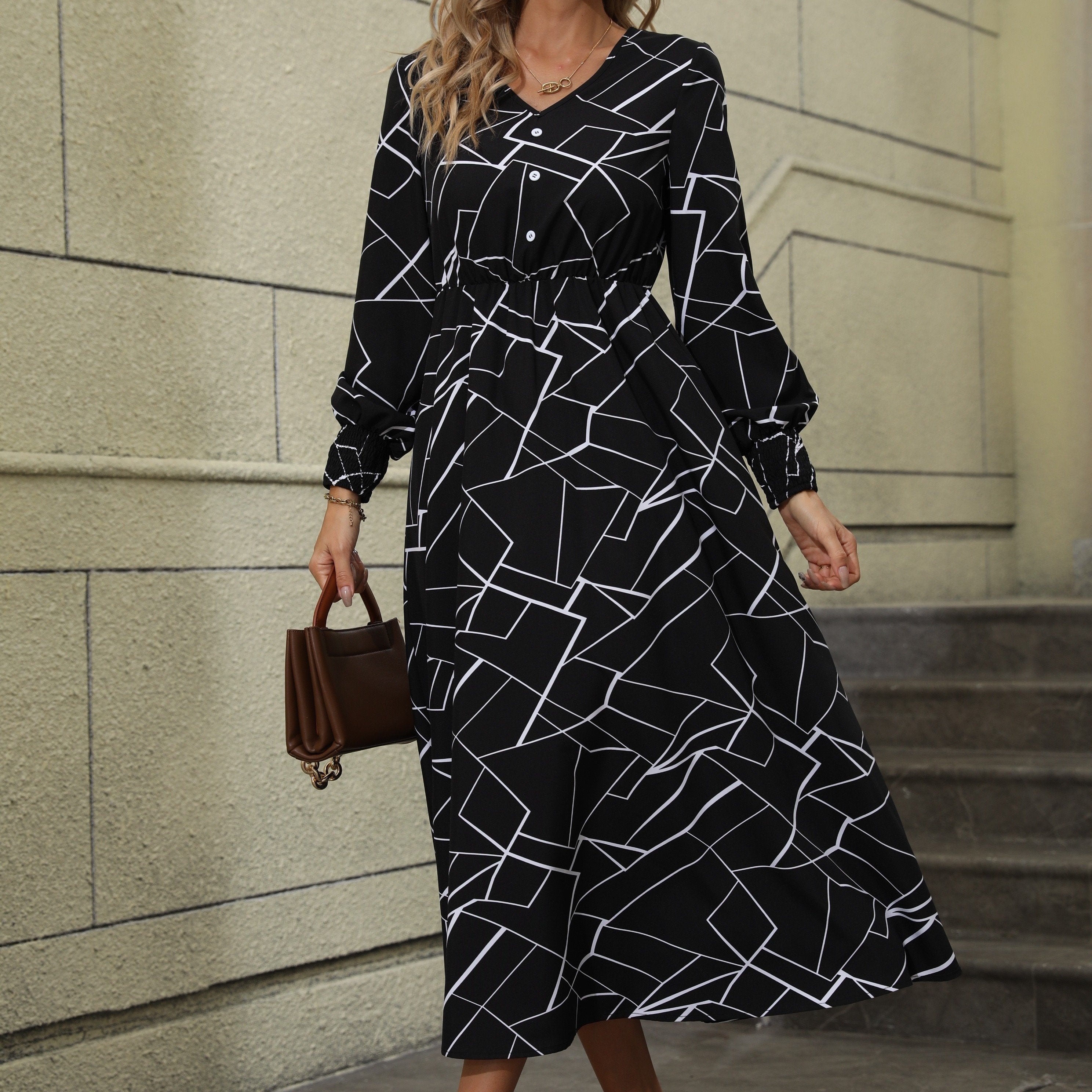 Geo Print Midi Dress V Neck Long Sleeve Dress Women's Clothing