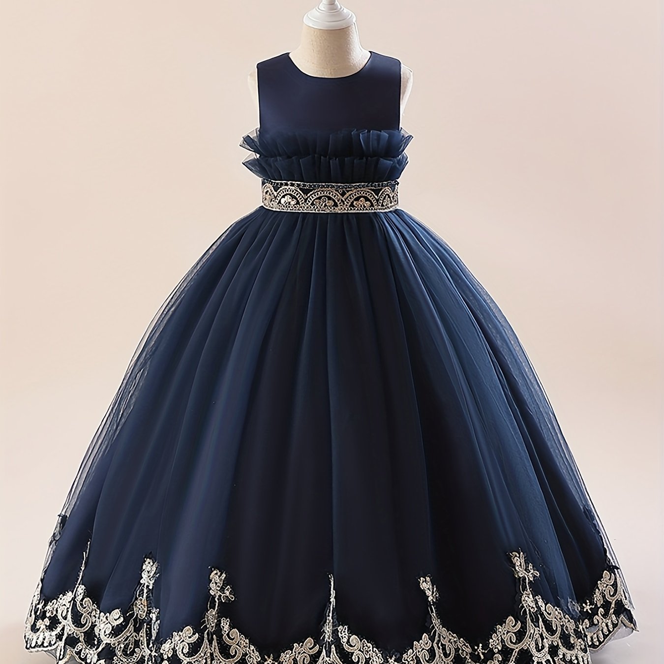 Girls Princess Dress Floral Embroidered Sequin Tulle Ball Gown