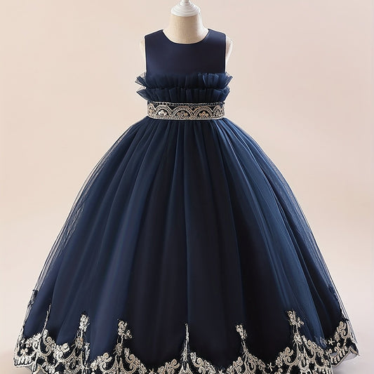 Girls Princess Dress Floral Embroidered Sequin Tulle Ball Gown