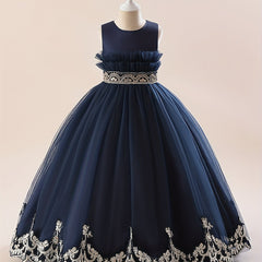 Girls Princess Dress Floral Embroidered Sequin Tulle Ball Gown