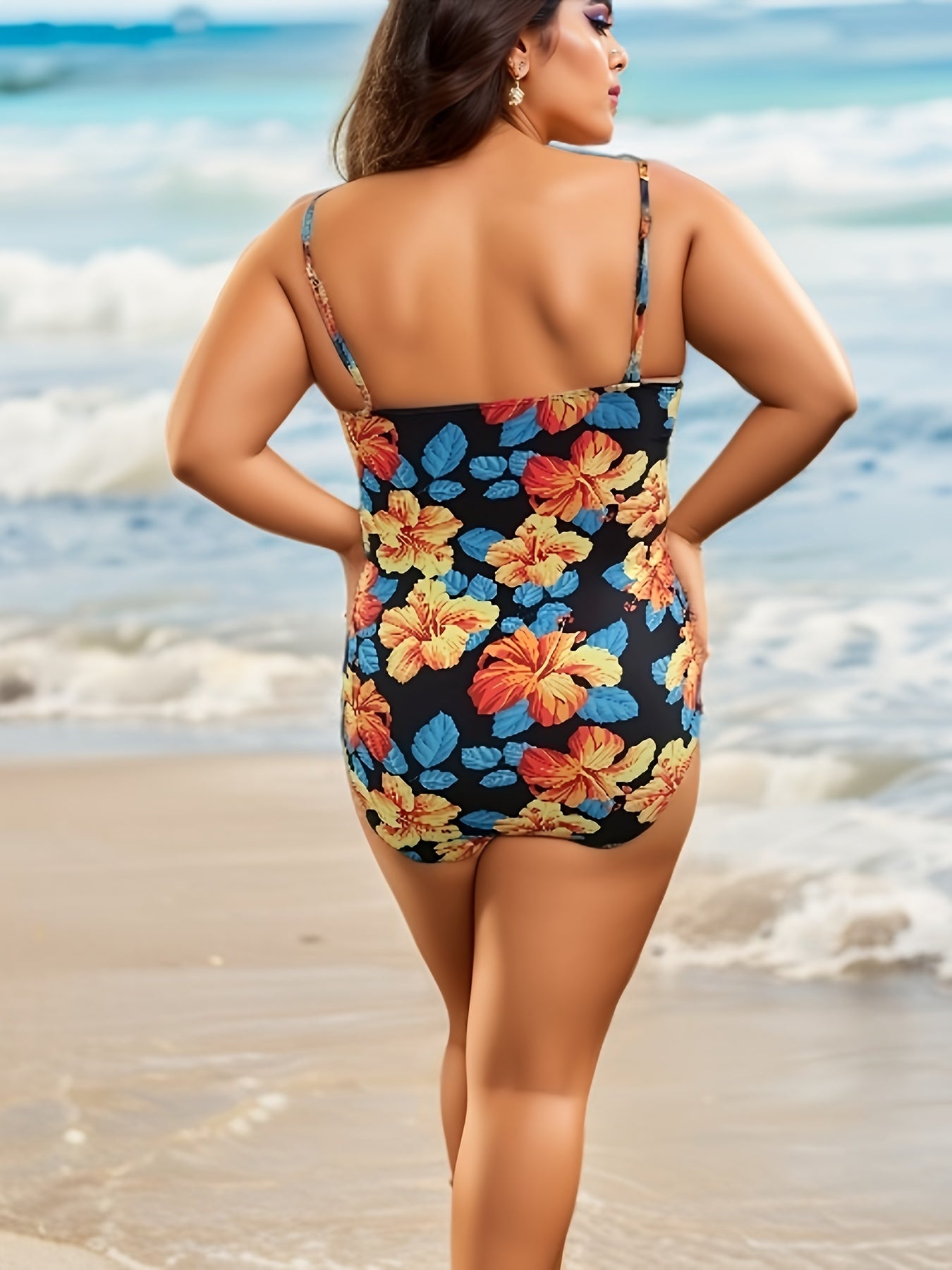 Retro Swimsuit Floral Print Cut Out Twist Front Tummy Control