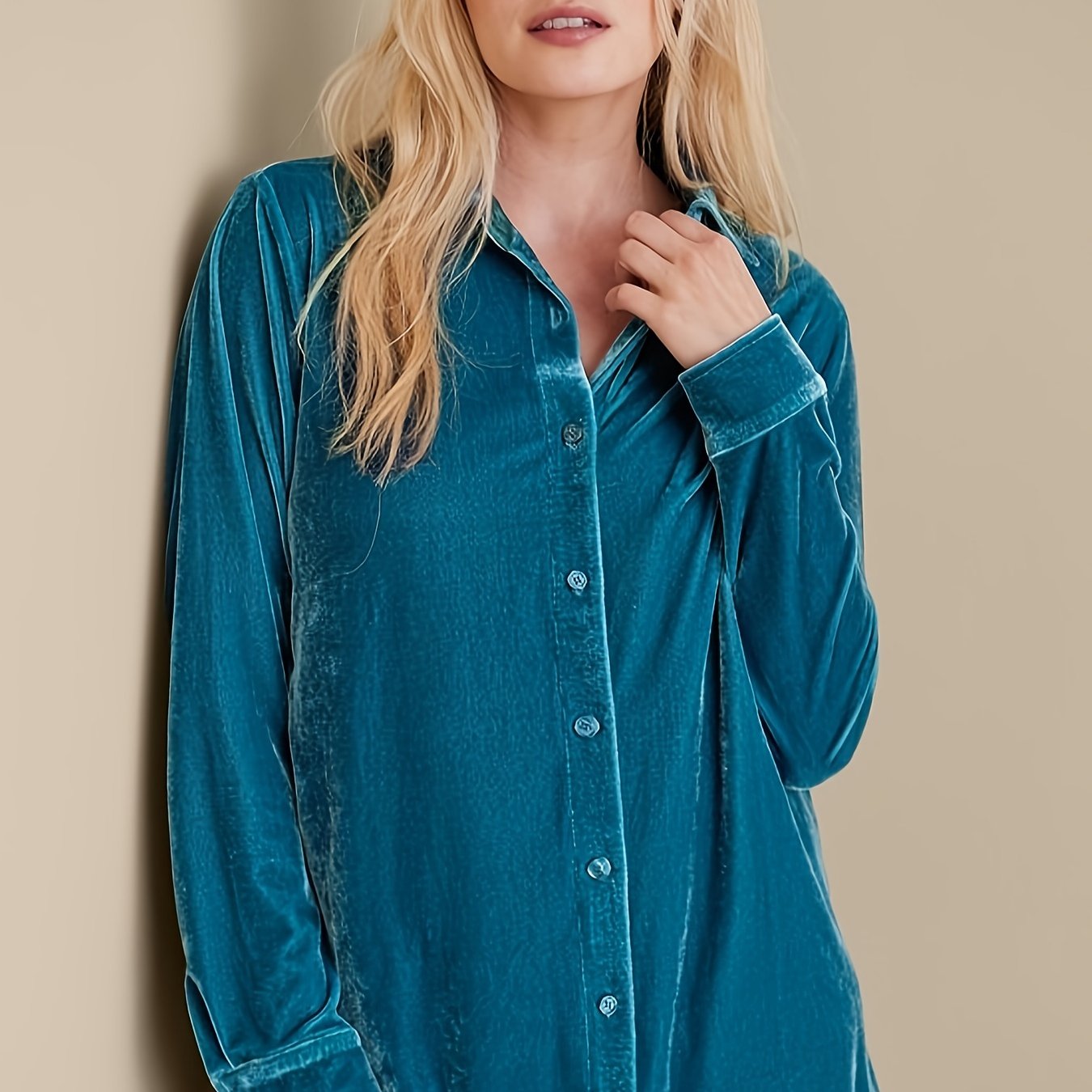 Velvet Long Sleeve Button Up Plus Size Blouse