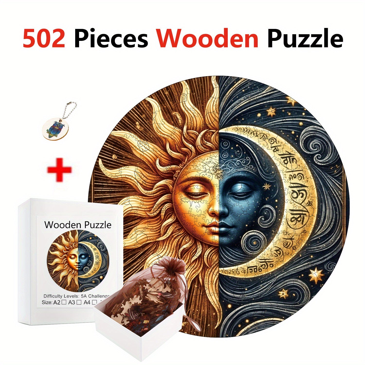 502pcs Wooden Puzzle Sun and Moon Face Age 14 Hell Difficulty Mixed Colors
