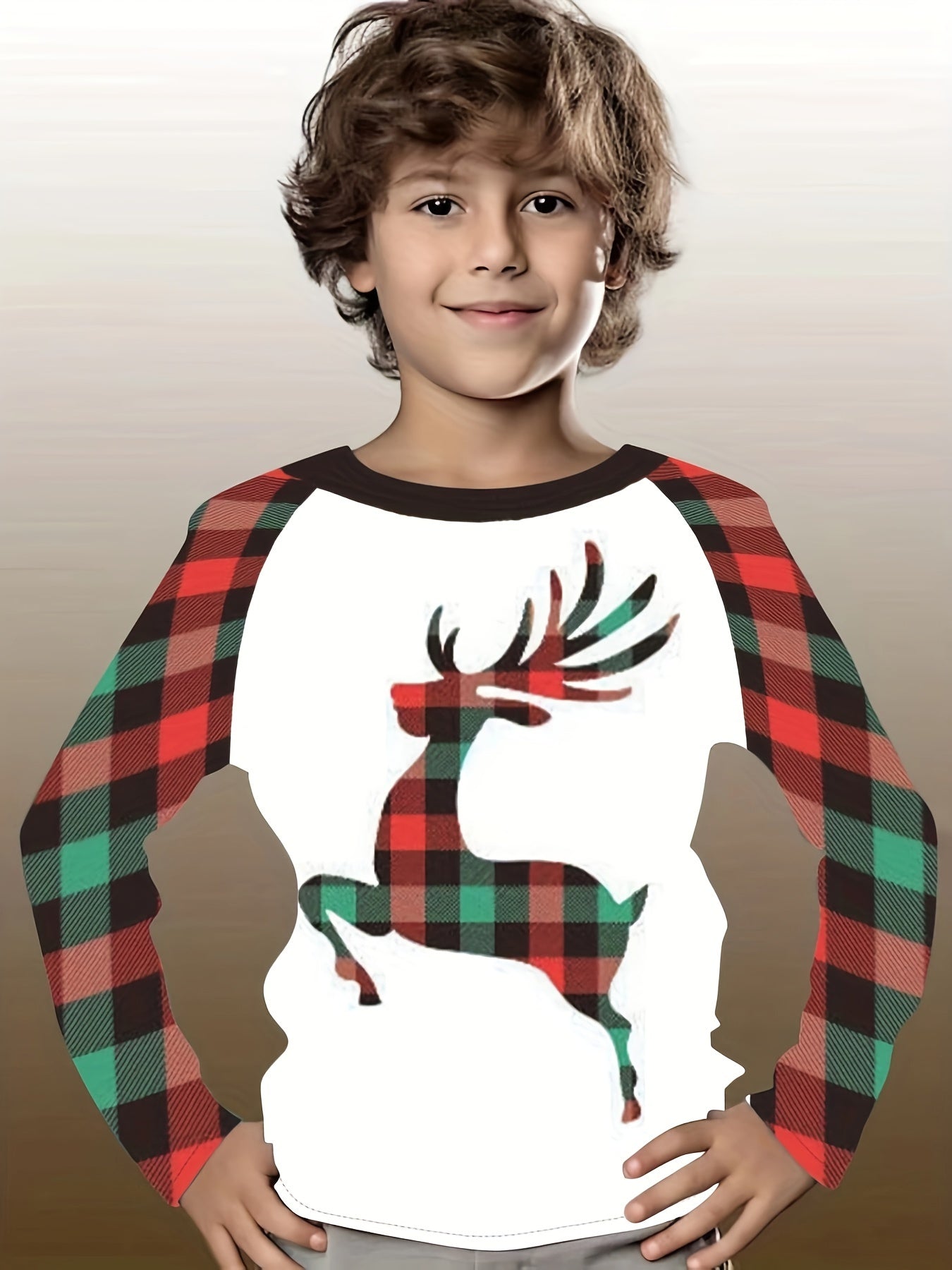 Christmas Reindeer Print Boys T-Shirt Long Sleeve Holiday Tee