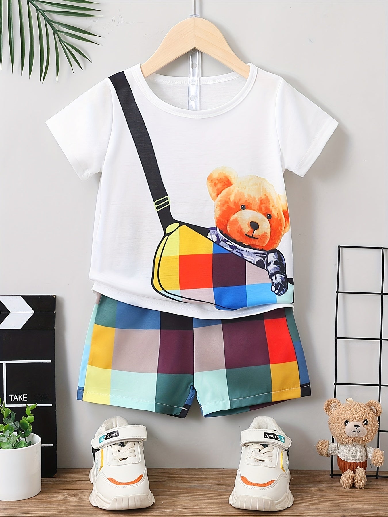 Boys Teen Bear Graphic Print T shirt & Plaid Shorts Set For Summer