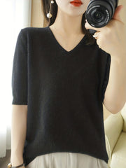 Half Sleeve V Neck Sweater Knitted Casual Top Women's Clothing