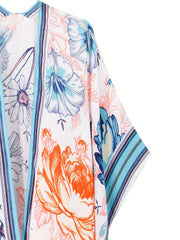 Casual Cover Up Floral & Stripe Print Bat Sleeve Kimono Shawl