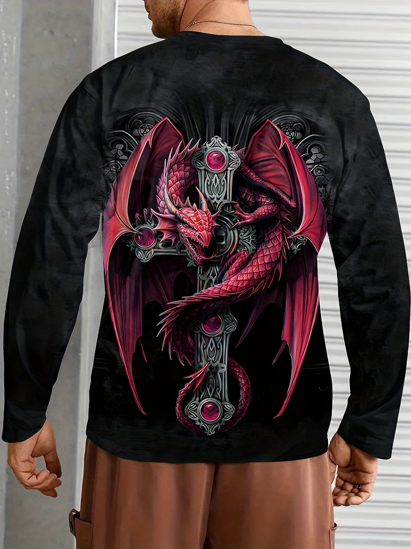 Dragon Print Sweatshirt Men's Casual Graphic Crew Neck Pullover Sweatshirt