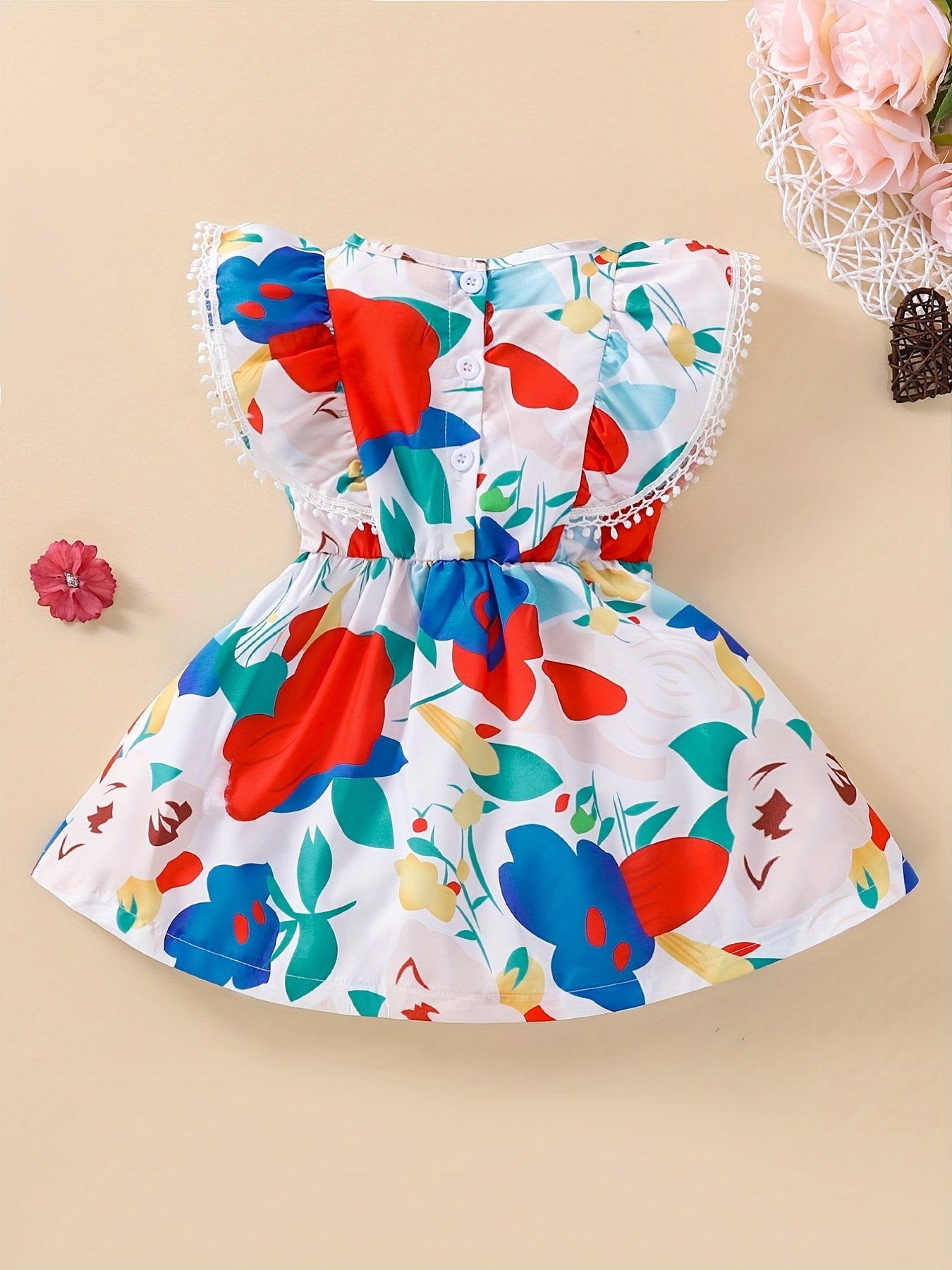 Baby Girls Floral Painting Graphic Flutter Sleeve Casual Dress