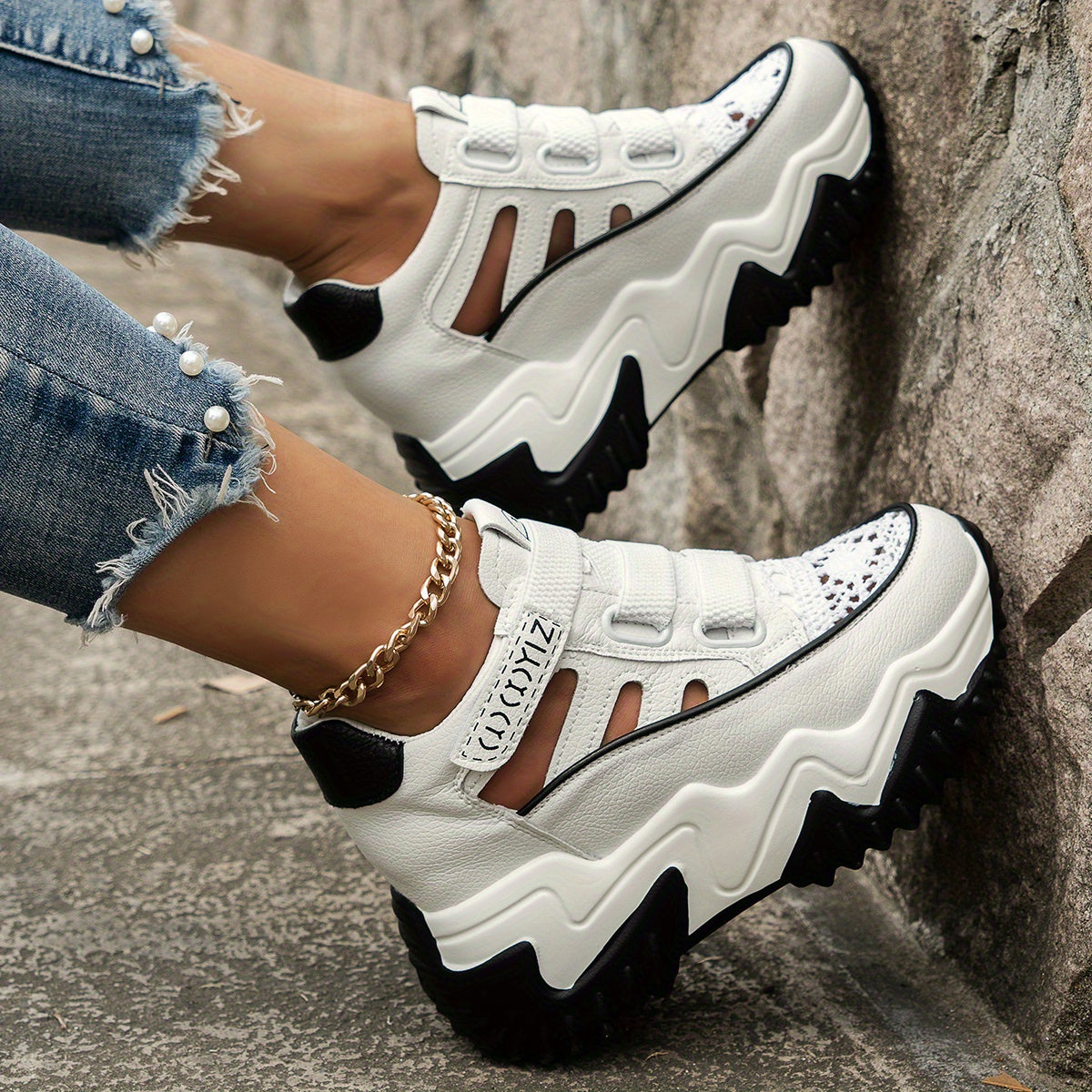 Women's Cutout Platform Sneakers Casual Hook & Loop Shoes
