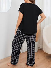 Short Sleeve T shirt & Grid Print Pants Pajama Set