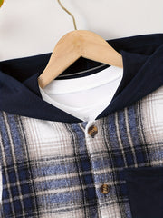 Boys Plaid Hooded Shirts Long Sleeve Button Down Hoodie Tops