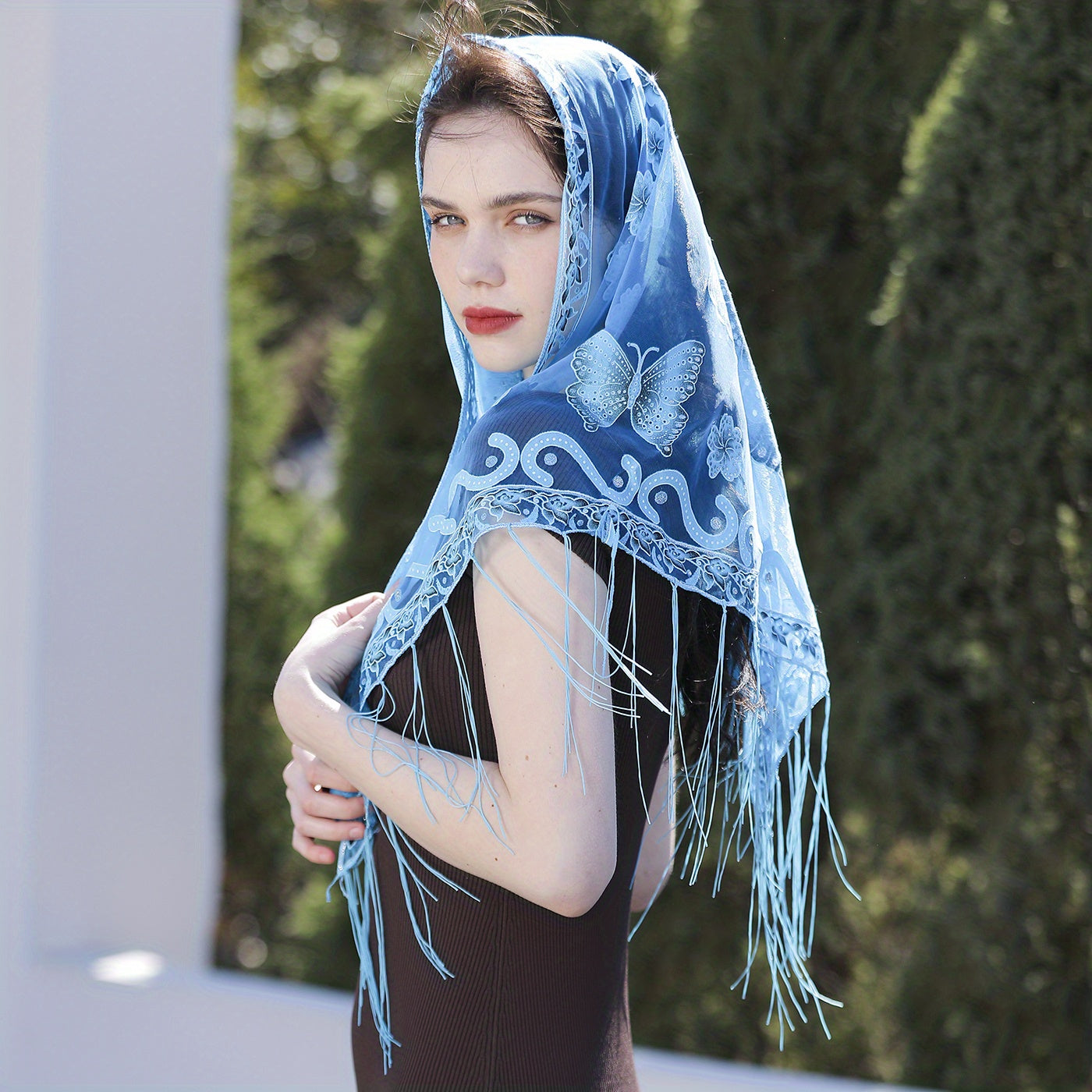 Butterfly Embroidery Triangle Scarf Spring Tassel Shawl Women Travel Head Wrap