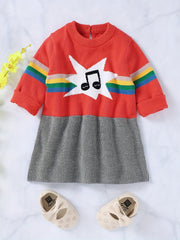 Baby Casual Dress Girls Sweater Long Sleeve Music Note Striped Dress
