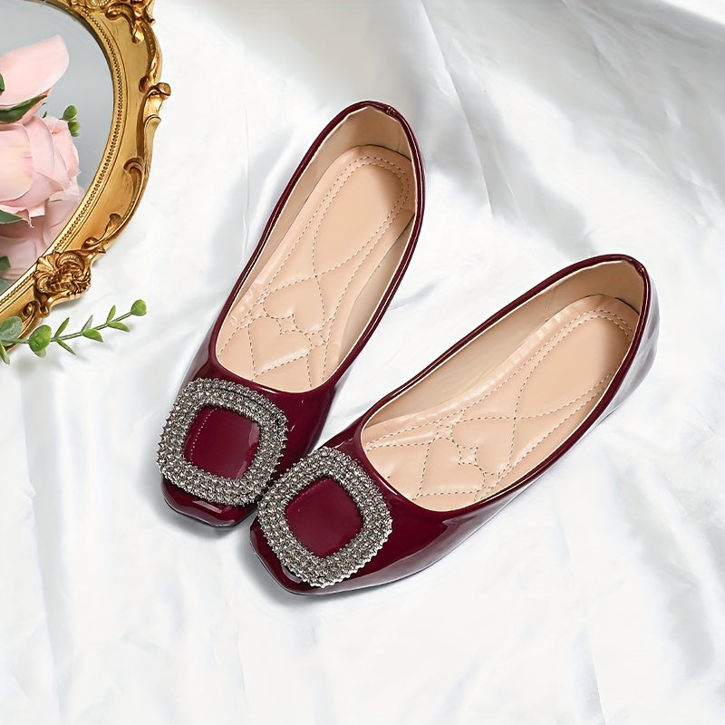 Women's Rhinestone Buckle Flats Square Toe Slip On Shoes
