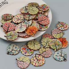 30pcs Wooden Leaf Pattern 2 Hole Buttons Sewing Crafting DIY Art Crafts