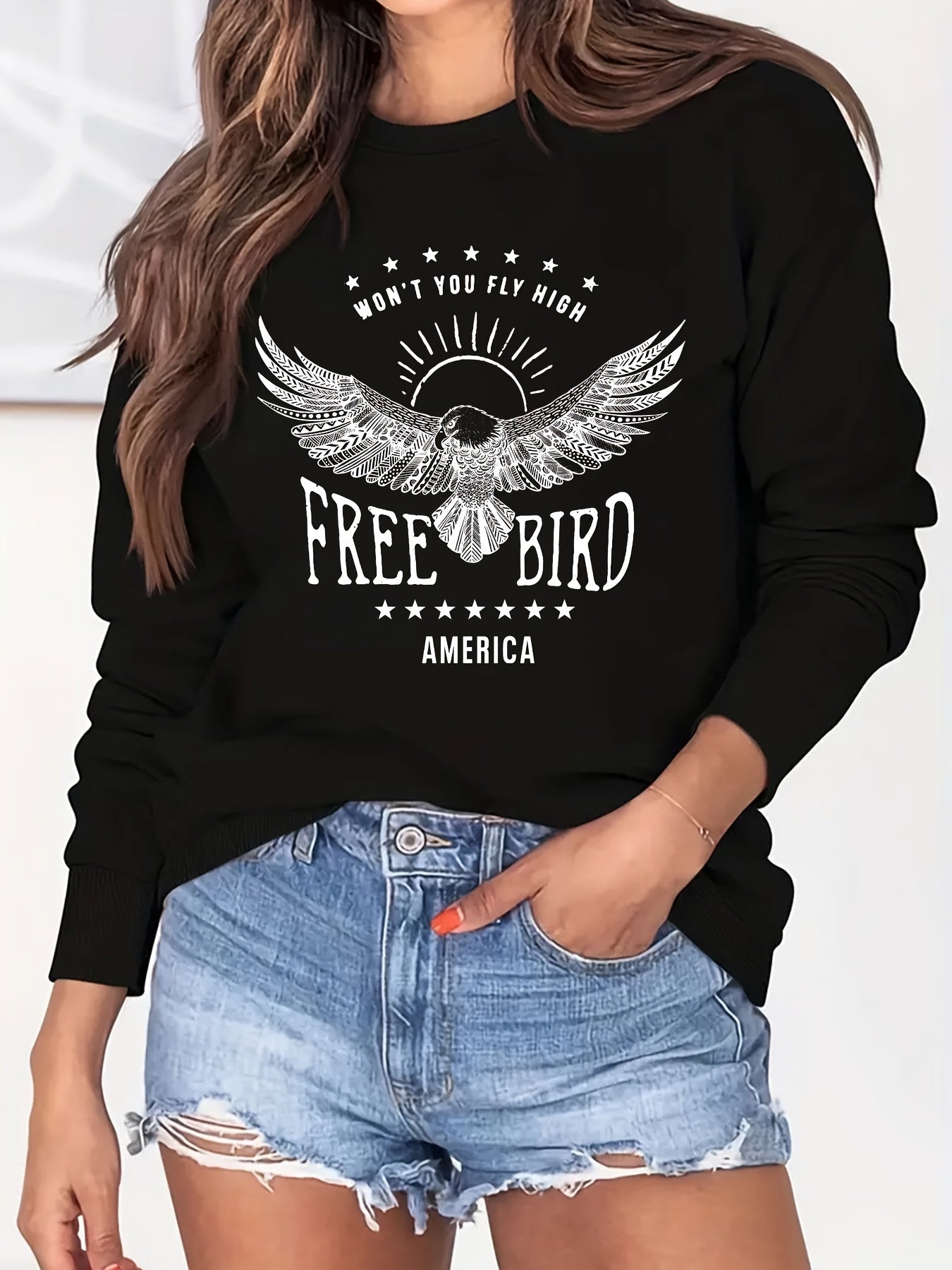 Eagle America Print Sweatshirt Crew Neck Casual Long Sleeve