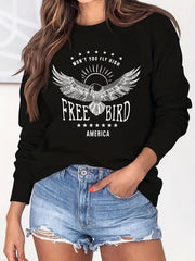 Eagle America Print Sweatshirt Crew Neck Casual Long Sleeve