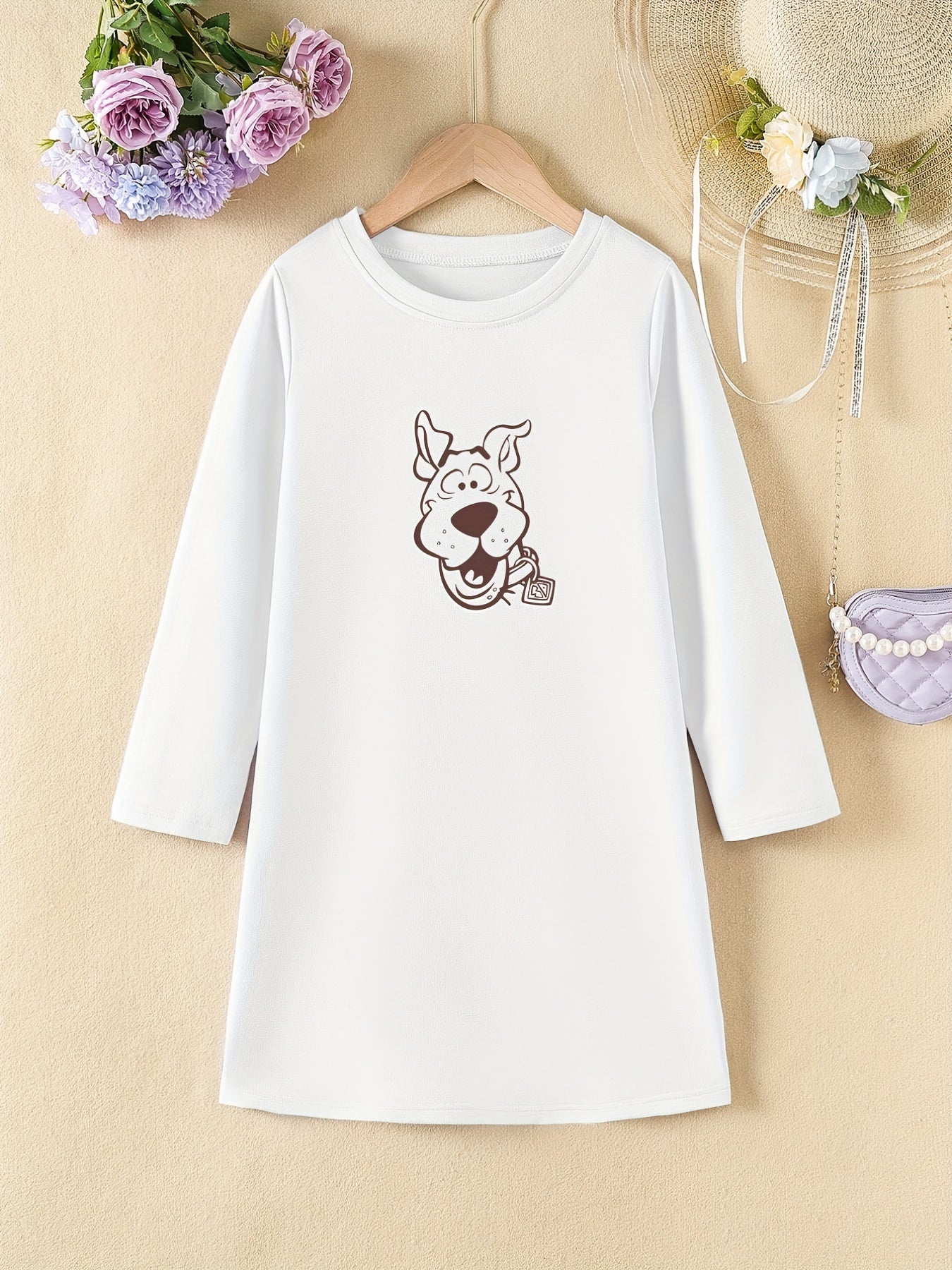 Girls' Donkey Head Print Long Sleeve Casual Dress