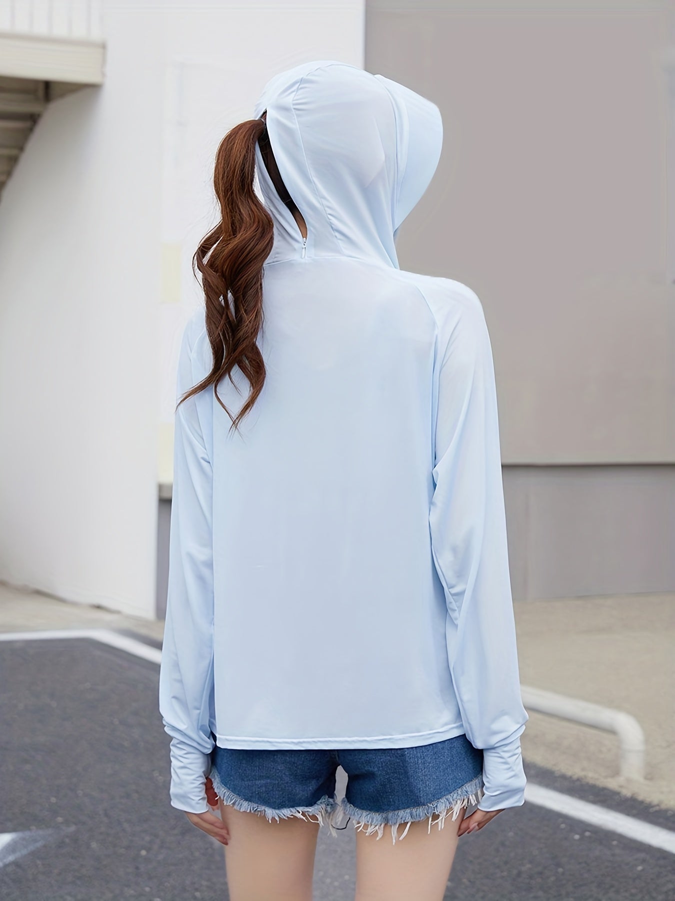 Hoodie Ponytail Hole Zip Up Long Sleeve Sun Protection Clothing