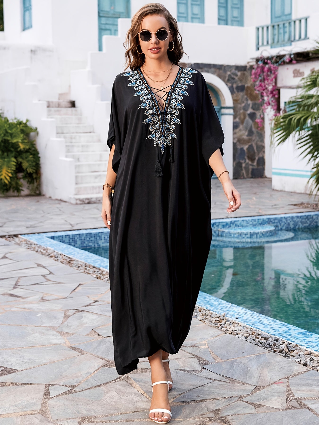 Boho Kaftan Dress Women's Plus Floral Embroidered Bat Sleeve