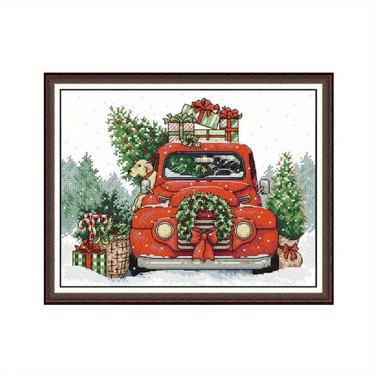 Christmas Car Dog Cartoon Cross Stitch 14CT Cloth Embroidery DIY