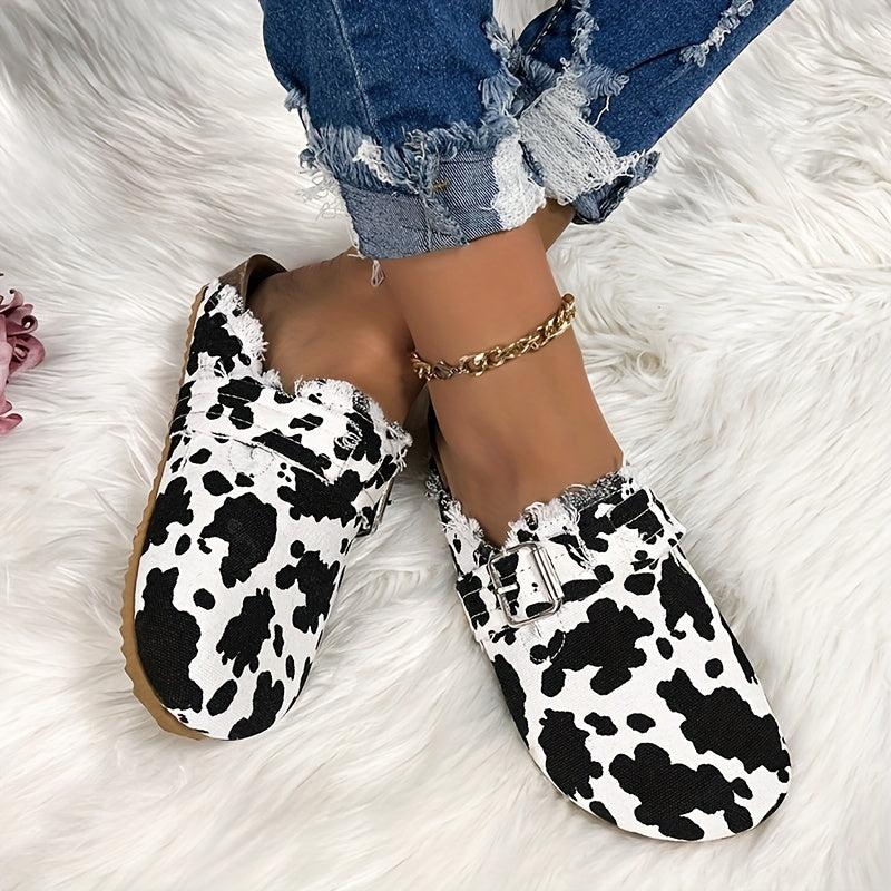 Women's Cow Print Slip On Flat Shoes Non slip Half Drag Slides