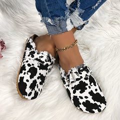 Women's Cow Print Slip On Flat Shoes Non slip Half Drag Slides