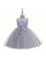 Girls Sleeveless Puffy Princess Dress Flowers Embroidery Mesh Tutu Dress