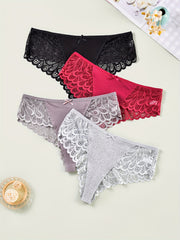4 Pack Plus Size Sexy Panties Set Women's Plus Ribbed Knit Contrast Lace Briefs