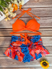 Leaf Print Ruched Skirted Swimsuit Set Tangerine Criss Cross 2 Piece Bikini