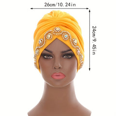 Yellow Rhinestone Decor Headwrap Pleated Turban Cap Bonnet Women Elastic